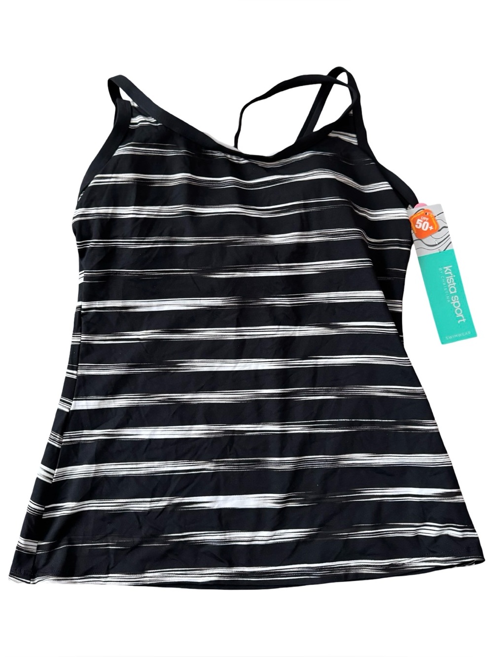 Krista Sport by Christina Tankini Swim Top Black White Stripe UPF 50+ Sz M